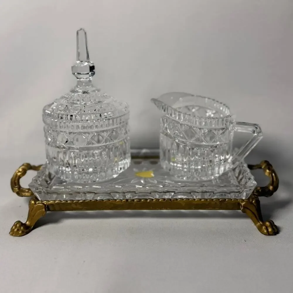 Hollywood Regency Cut Glass Cream & Sugar Set, German Crystal With Footed Tray